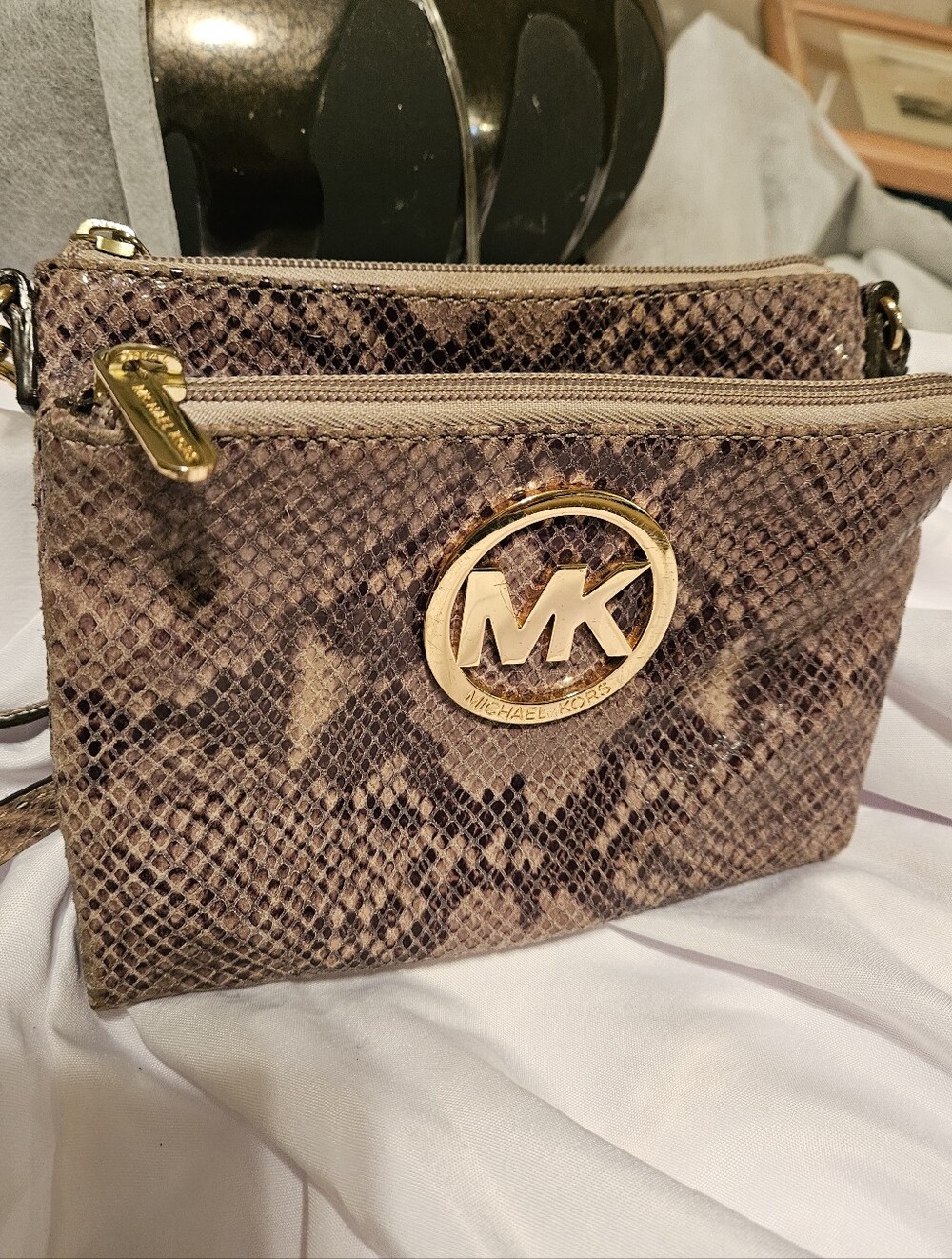 Michael Kors Snakeskin Python Print Leather Crossbody Bag Triple Zip Fulton Gold - Picture 6 of 15
